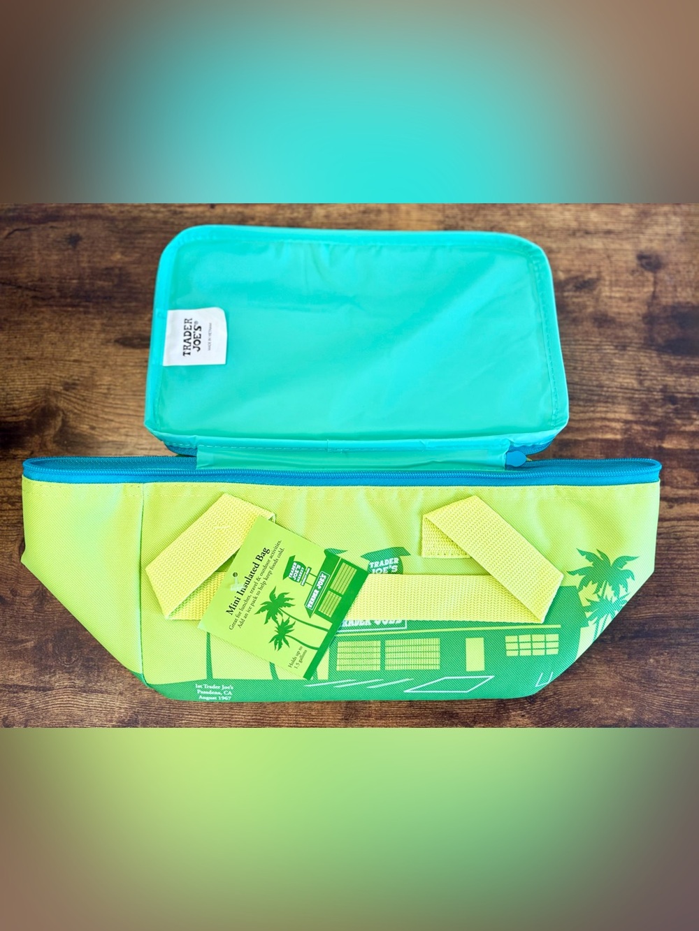 Trader Joe's Mini Insulated Tote Bag Summer Neon Lime Green Blue Zipper NWT